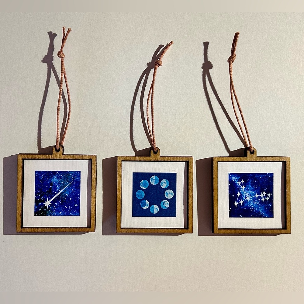 Handmade Mini Celestial Art Trio | Moon Phases & Shooting Star Wood Ornaments